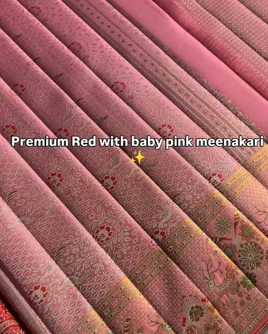 Textured fabric with red and pink pattern, labeled 'Premium Red with baby pink meenakari'.