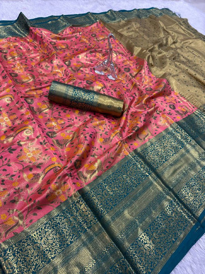 Pure Handloom Kanjivaram Silk Saree with Contrast Border & Rich Zari Pallu