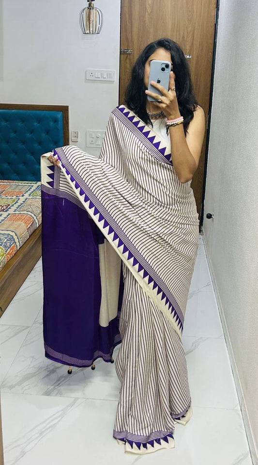 Classic Black & Ivory Striped Saree with Geometric Border