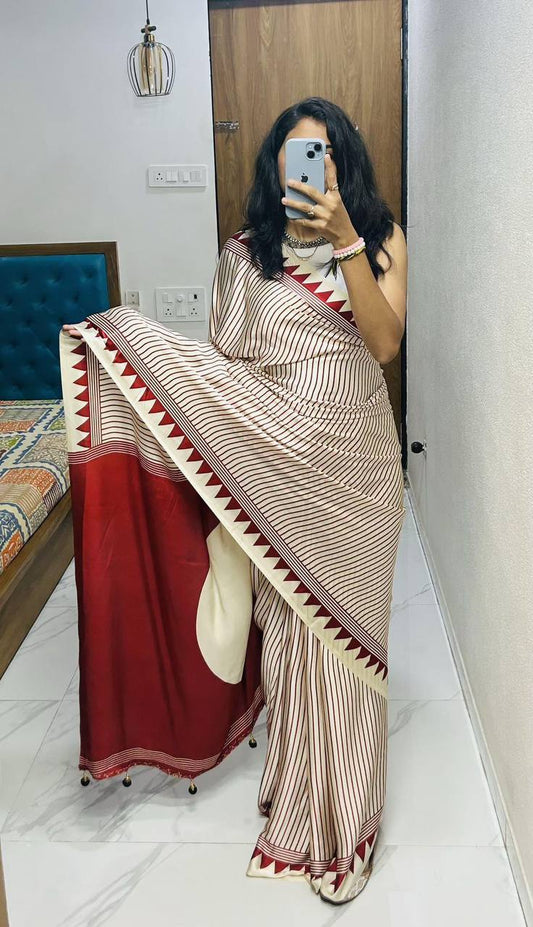 Classic Black & Ivory Striped Saree with Geometric Border