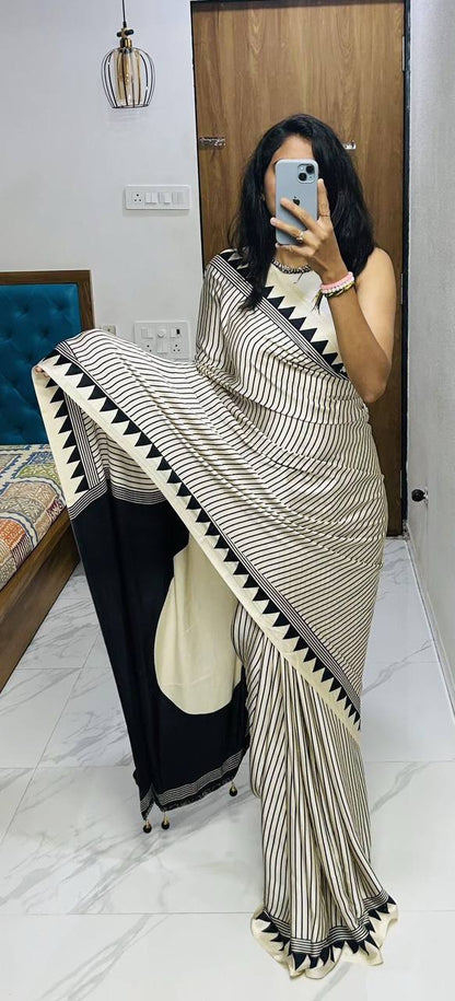 Classic Black & Ivory Striped Saree with Geometric Border