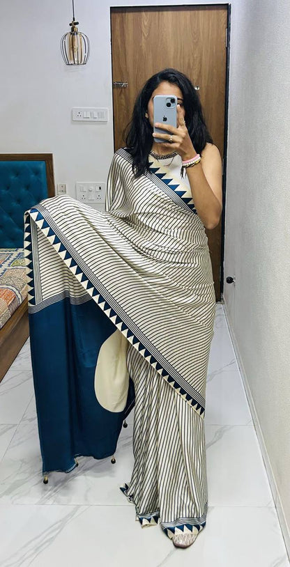 Classic Black & Ivory Striped Saree with Geometric Border