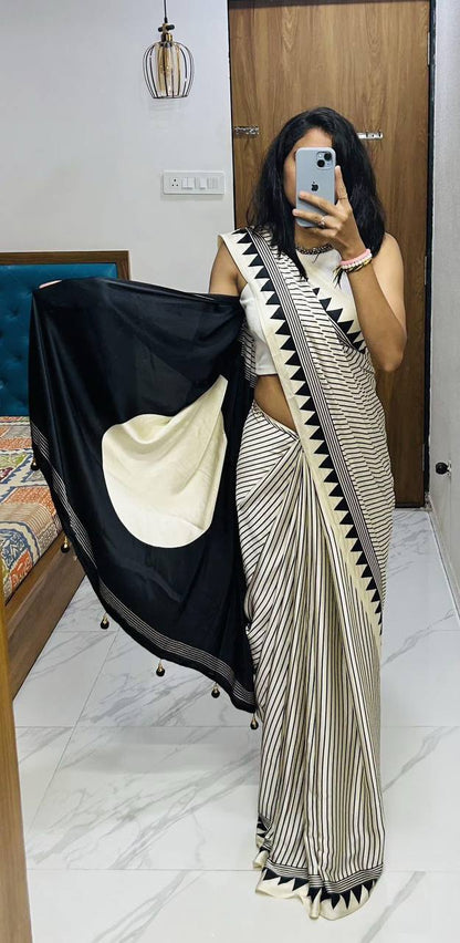 Classic Black & Ivory Striped Saree with Geometric Border