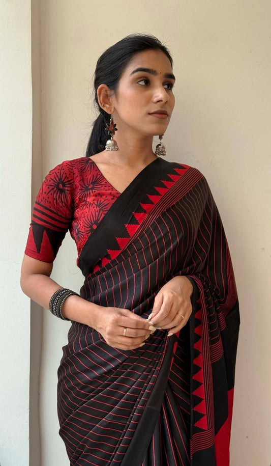 Artisan Saree Crafted in Semi Gaji Silk with Ajrakh Bandhej Patterns