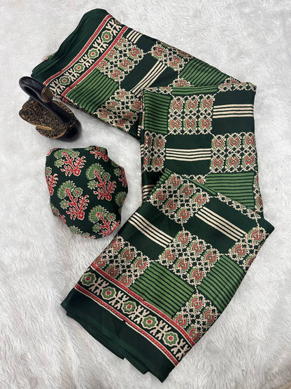 Authentic Saree Crafted in Semi Gaji Silk with Ajrakh Bandhej Art