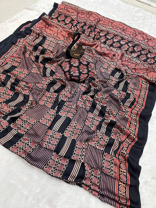 Authentic Saree Crafted in Semi Gaji Silk with Ajrakh Bandhej Art