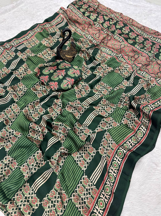 Authentic Saree Crafted in Semi Gaji Silk with Ajrakh Bandhej Art