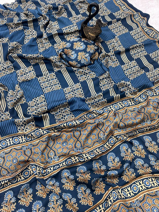 Authentic Saree Crafted in Semi Gaji Silk with Ajrakh Bandhej Art