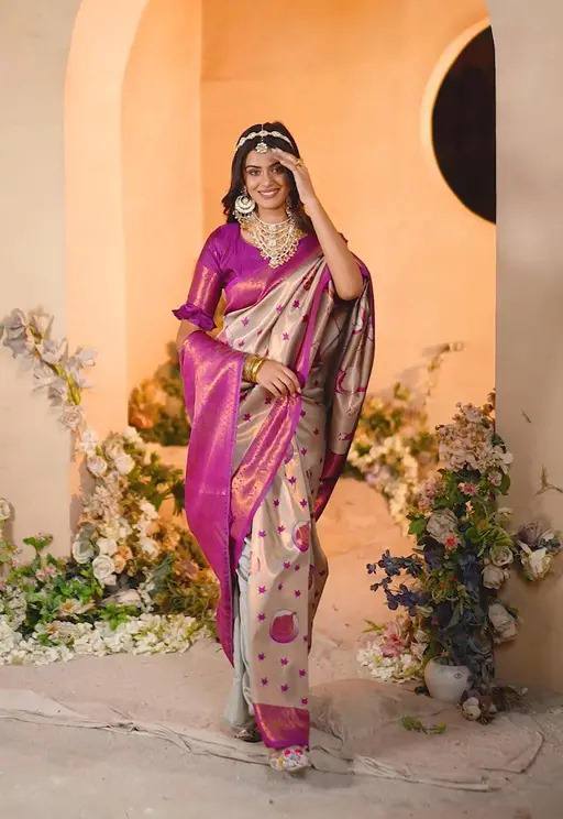 Pure Banarasi Silk Saree with Floral & Meena Zari Work