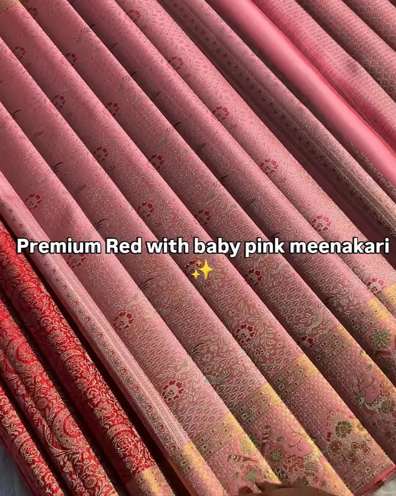 Ruby Blossom Premium Red Meenakari Silk Saree with Baby Pink Border