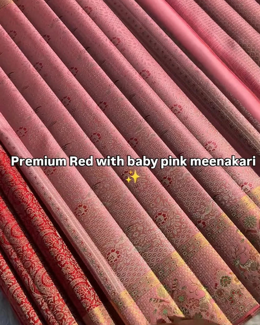 Ruby Blossom Premium Red Meenakari Silk Saree with Baby Pink Border