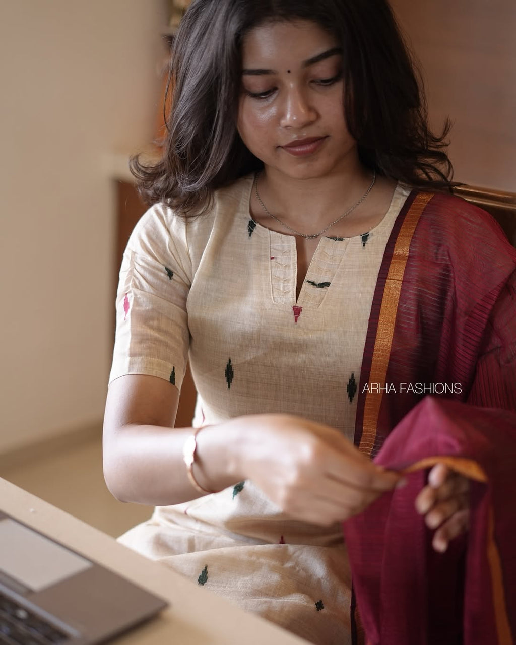 Ivory Ikkat Kurti with Maroon Dupatta