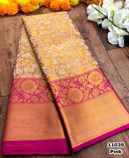 Pure Handloom Kanjivaram Silk Saree with Meena Weaving & Gold Zari Pallu