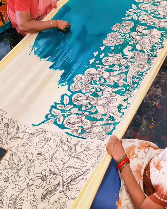 Handcrafted Kalamkari Peacock & Floral Art Saree – Buy 1 Get 1 Free