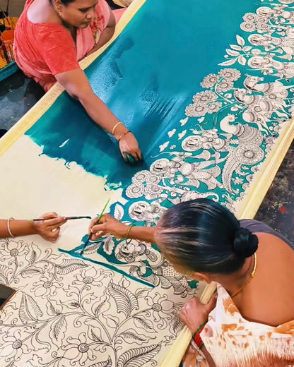 Handcrafted Kalamkari Peacock & Floral Art Saree – Buy 1 Get 1 Free