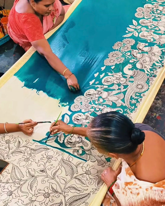 Handcrafted Kalamkari Peacock & Floral Art Saree – Buy 1 Get 1 Free