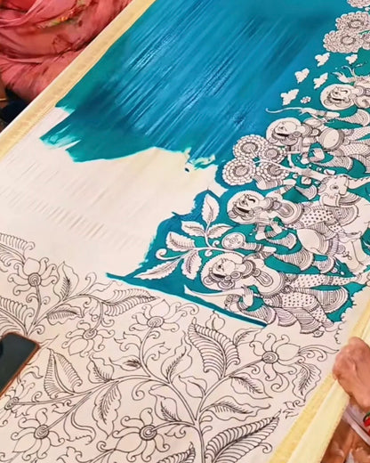 Handcrafted Kalamkari Peacock & Floral Art Saree – Buy 1 Get 1 Free
