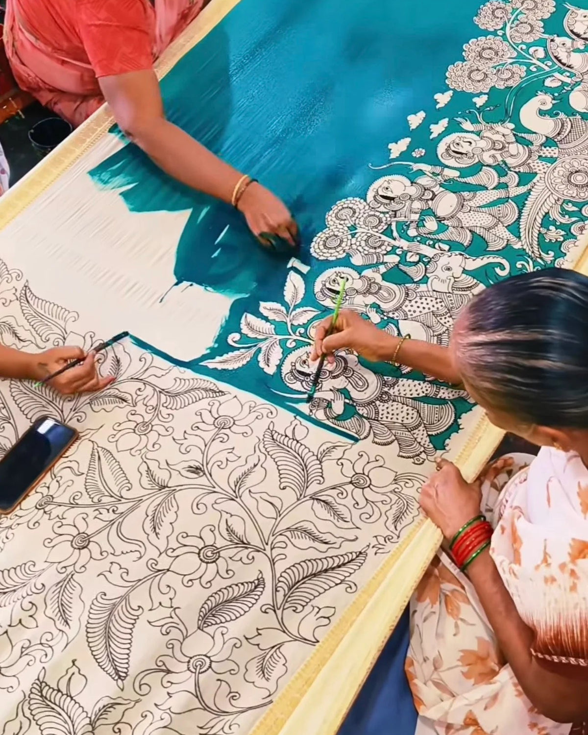Handcrafted Kalamkari Peacock & Floral Art Saree – Buy 1 Get 1 Free