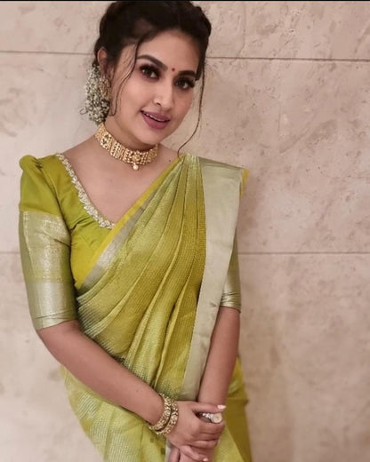 Elegant Olive Green Silk Saree with Subtle Shine