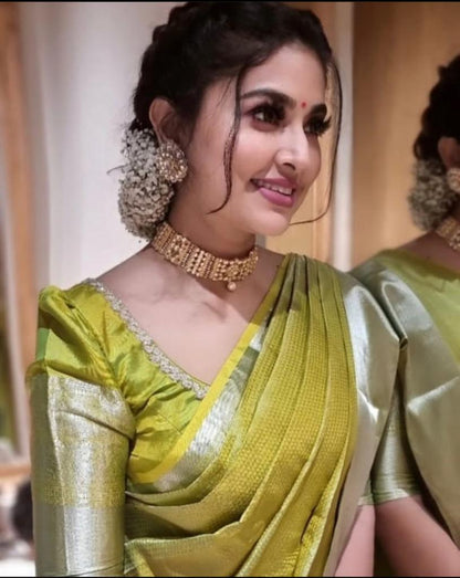 Elegant Olive Green Silk Saree with Subtle Shine