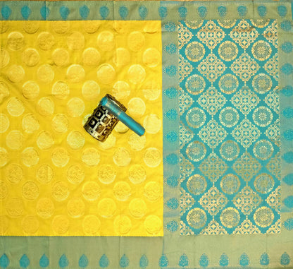 Yellow and Teal Silk Saree with Woven Motifs