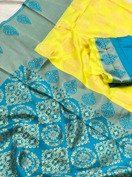 Yellow and Teal Silk Saree with Woven Motifs