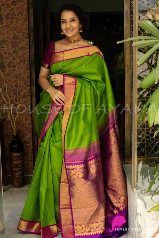 Green Silk Saree with Purple Zari Border