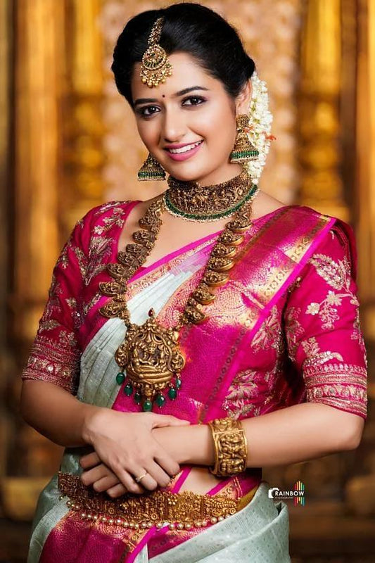 Royal Pink and Mint Green Silk Saree with Rich Zari Border
