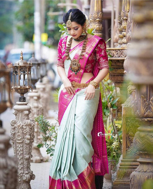 Royal Pink and Mint Green Silk Saree with Rich Zari Border
