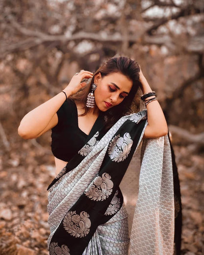 Black and Grey Printed Saree with Statement Motifs