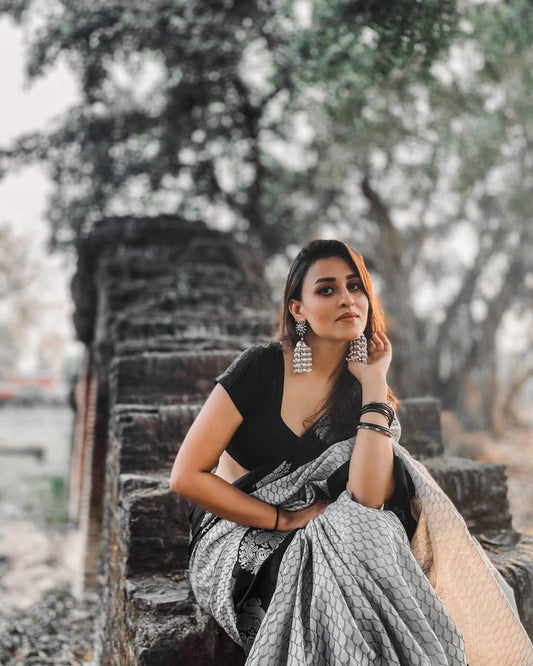 Black and Grey Printed Saree with Statement Motifs