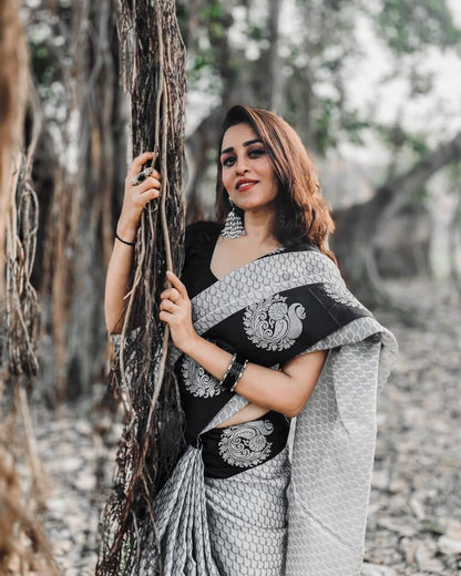 Black and Grey Printed Saree with Statement Motifs