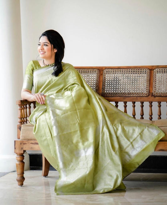 Elegant Olive Green Silk Saree with Subtle Shine