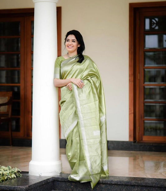Elegant Olive Green Silk Saree with Subtle Shine
