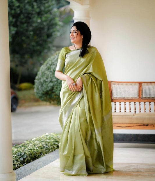 Elegant Olive Green Silk Saree with Subtle Shine