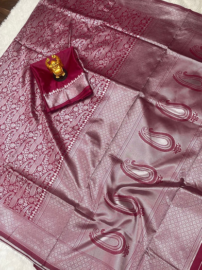 Elegant Maroon Silk Saree with All-Over Woven Motifs