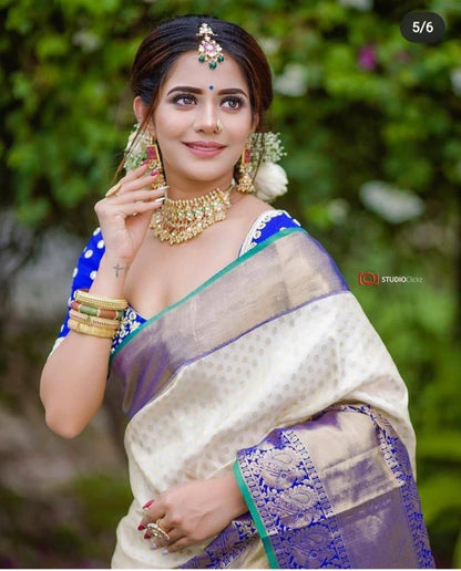 Ivory Silk Saree with Royal Blue Zari Border