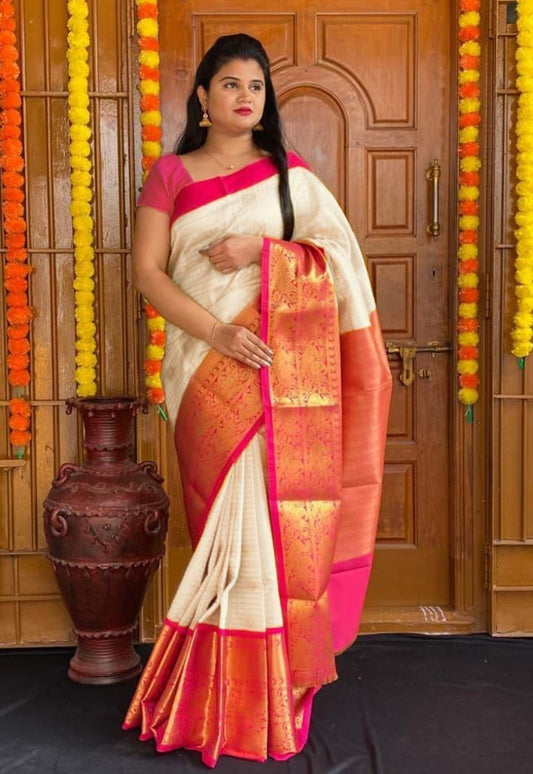 Cream Silk Saree with Orange-Pink Zari Border
