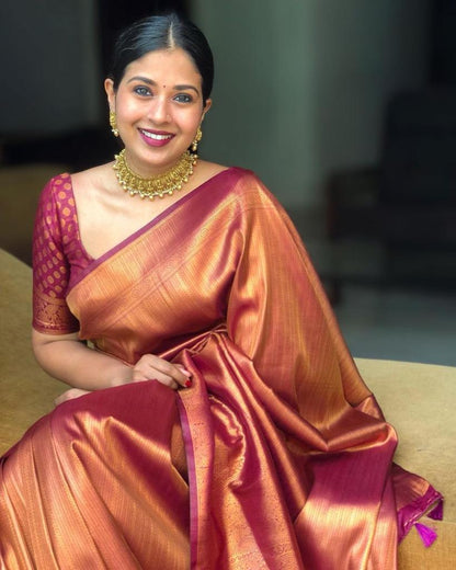 Copper Gold Silk Saree with Maroon Contrast Border