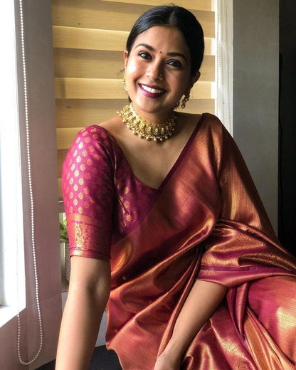 Copper Gold Silk Saree with Maroon Contrast Border