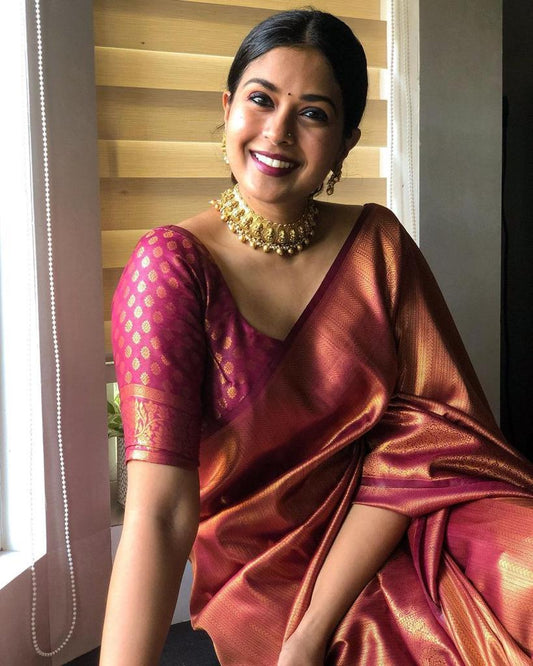 Copper Gold Silk Saree with Maroon Contrast Border
