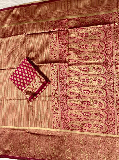 Copper Gold Silk Saree with Maroon Contrast Border