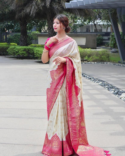 Elegant Cream Silk Saree with Rich Pink Zari Border