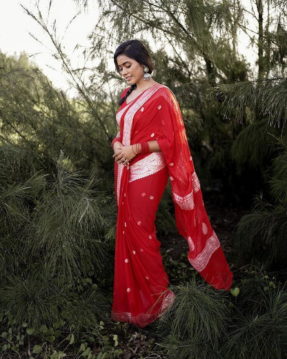 Elegant Red Saree with Delicate Silver Woven Details