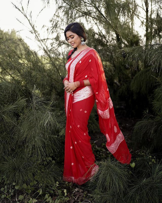 Elegant Red Saree with Delicate Silver Woven Details