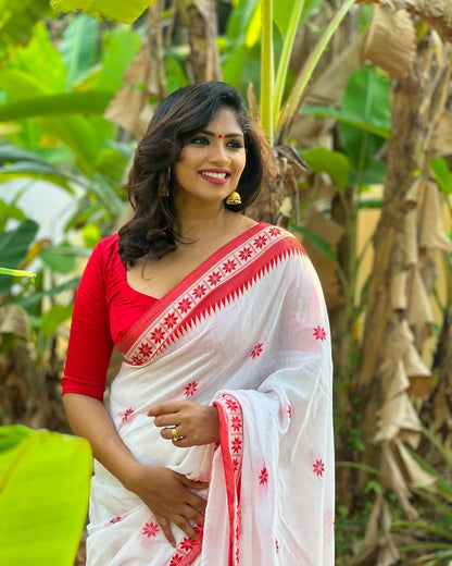 White Red Cotton Saree with Traditional Border