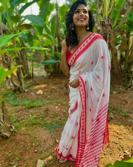 White Red Cotton Saree with Traditional Border