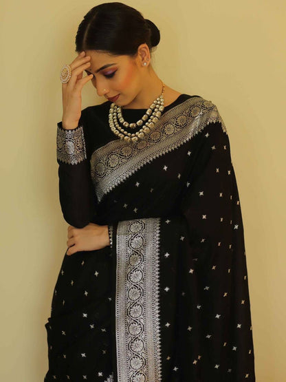 Classic Black Saree with Silver Woven Border