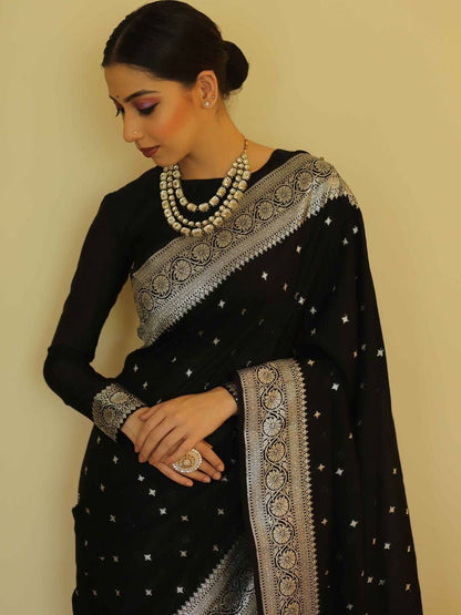 Classic Black Saree with Silver Woven Border