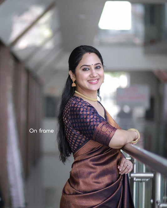 Elegant Copper Brown Silk Saree with Rich Woven Border & Designer Blouse